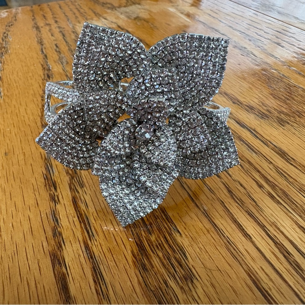 Crystal Flower Statement Bracelet - Silver Tone - image 3